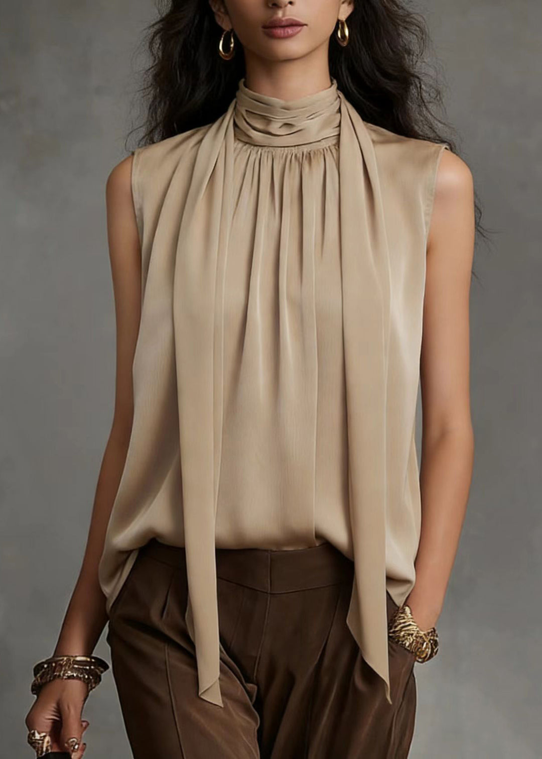 Modern Khaki Hign Neck Wrinkled Silk Shirt Sleeveless
