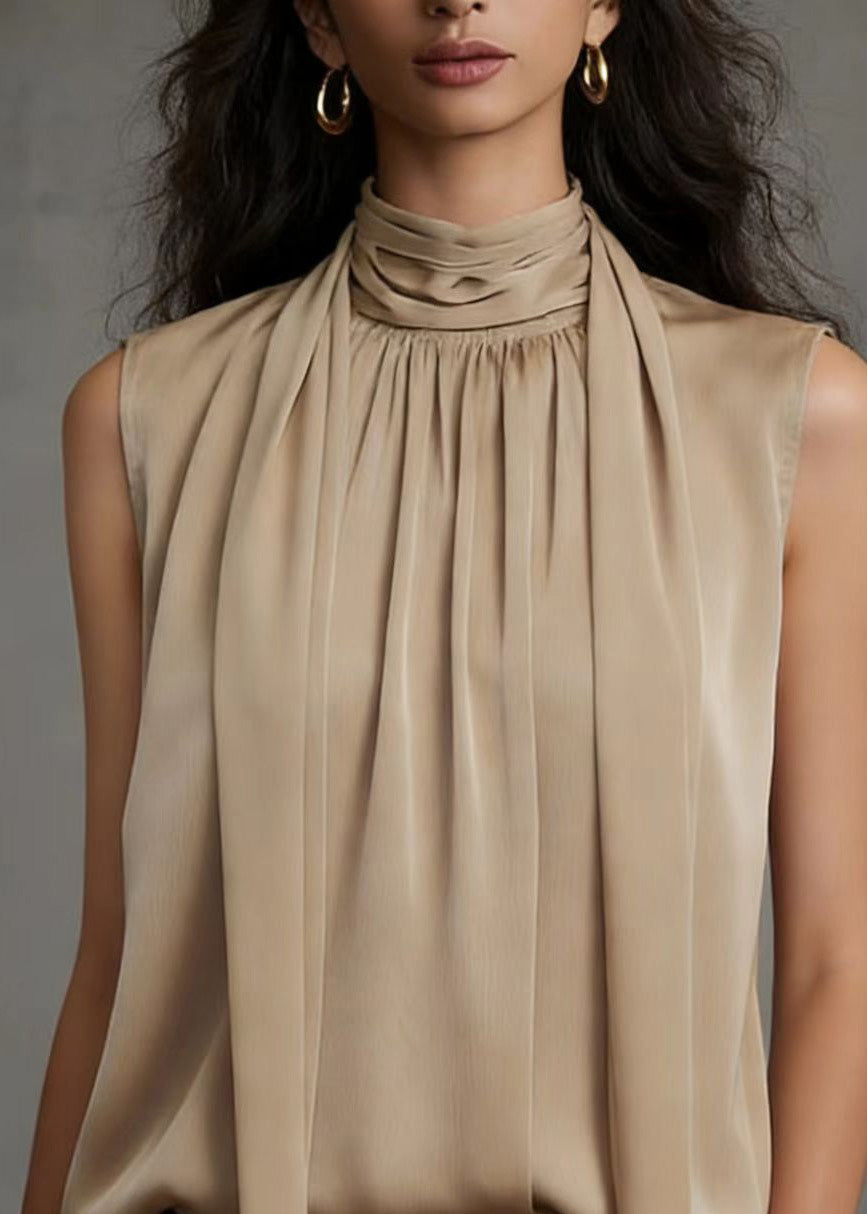 Modern Khaki Hign Neck Wrinkled Silk Shirt Sleeveless