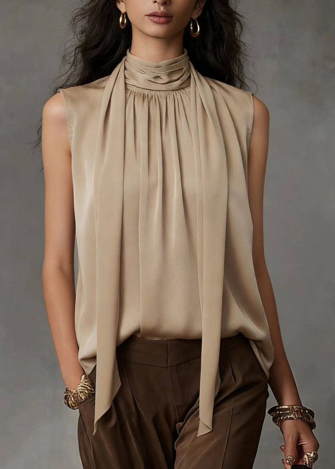 Modern Khaki Hign Neck Wrinkled Silk Shirt Sleeveless
