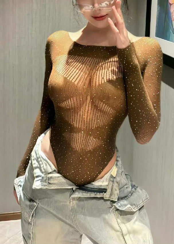 Modern Khaki Hollow Out Rhinestone One Piece Workout Suit