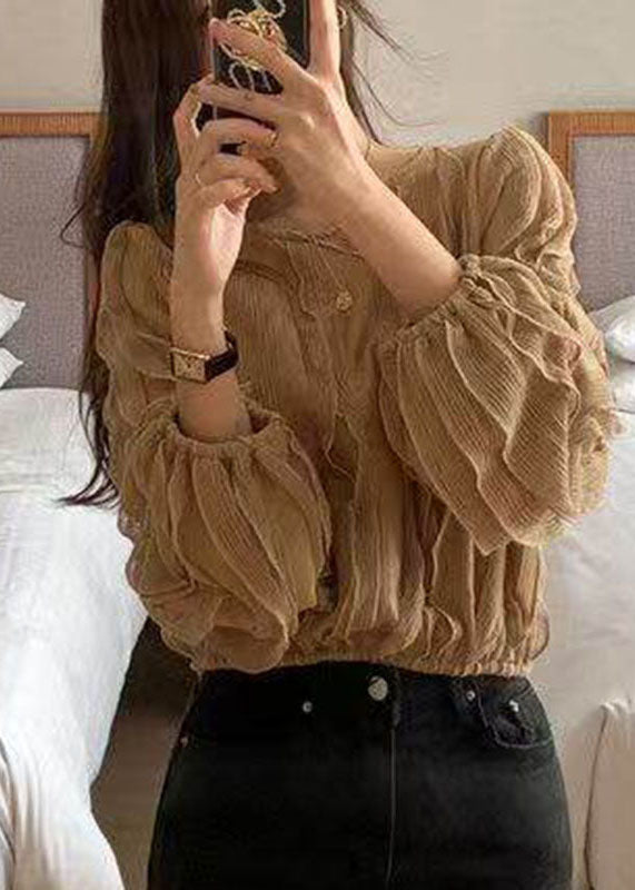 Modern Khaki O-Neck Ruffled Patchwork Top Fall