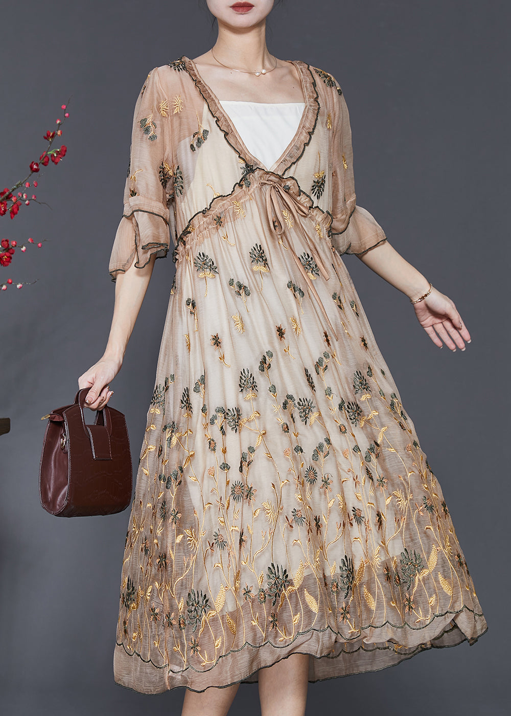 Modern Khaki Ruffled Embroidered Silk Dress Summer