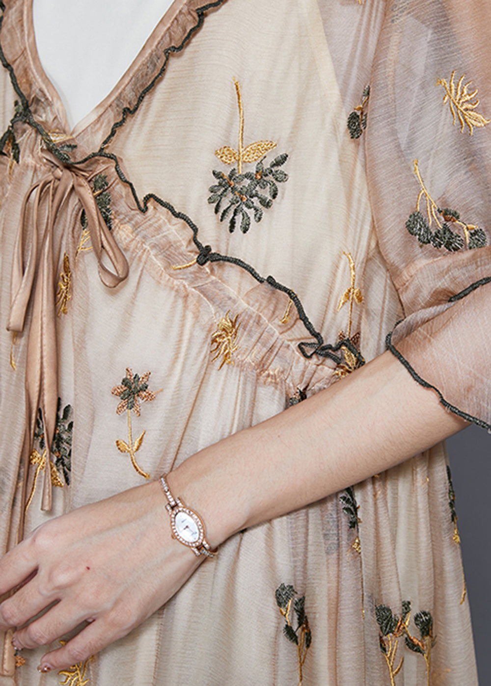 Modern Khaki Ruffled Embroidered Silk Dress Summer
