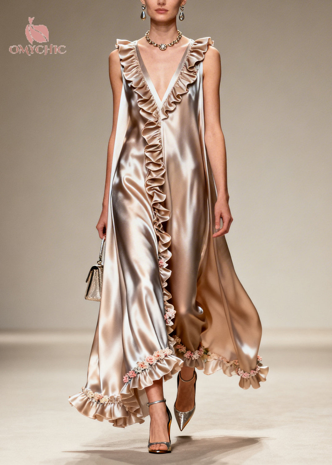 Modern Khaki Ruffled Floral Silk Robe Dresses Sleeveless