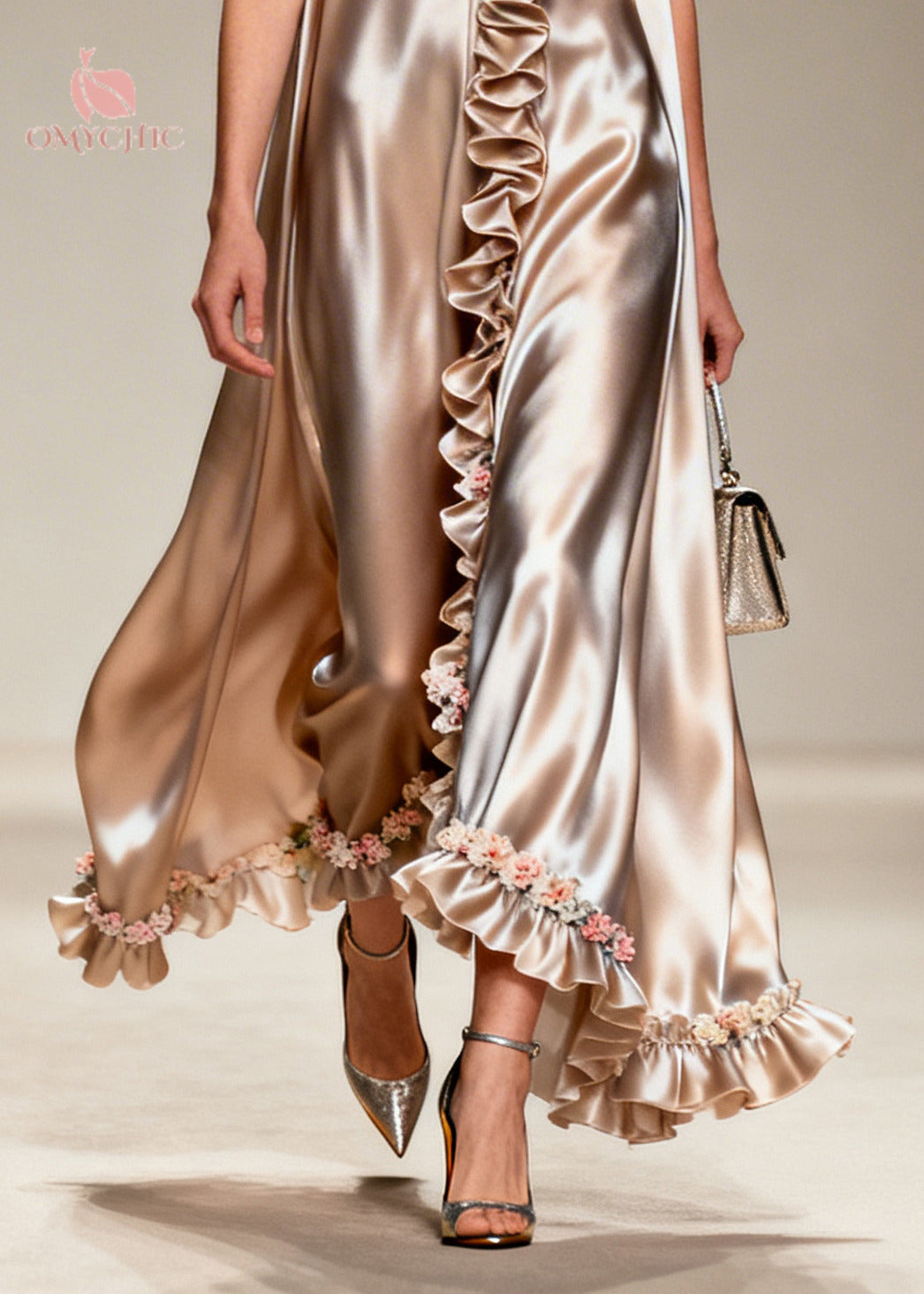 Modern Khaki Ruffled Floral Silk Robe Dresses Sleeveless