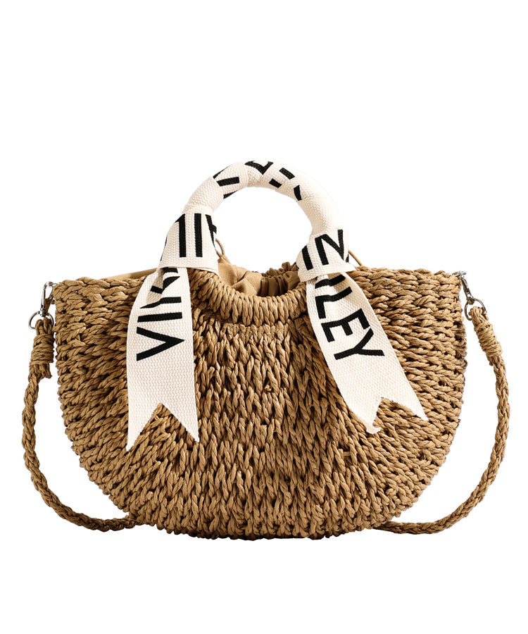 Modern Khaki Solid Durable Straw Woven Tote Handbag