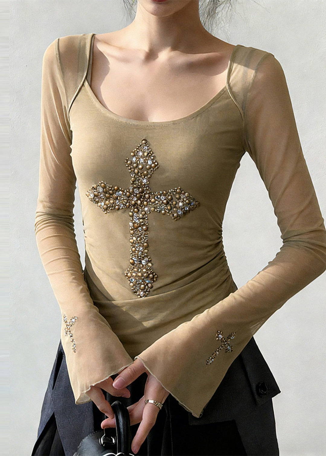 Modern Khaki U Neck Crucifix Cotton Blouses Flare Sleeve