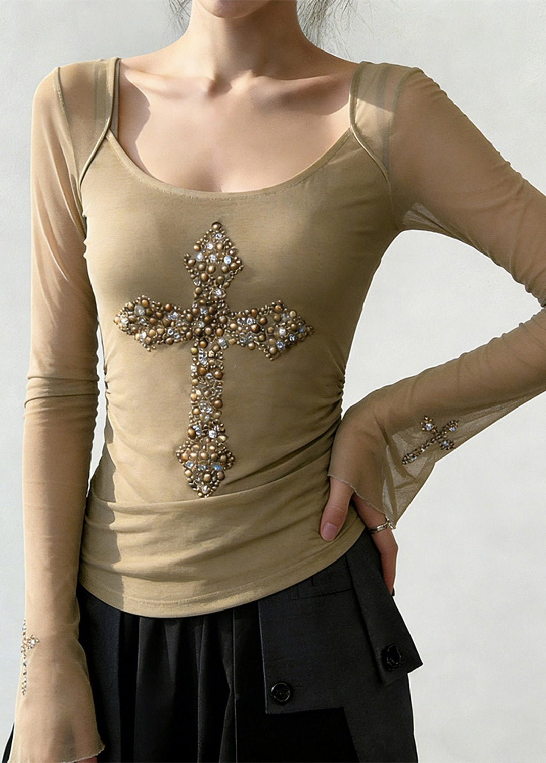 Modern Khaki U Neck Crucifix Cotton Blouses Flare Sleeve