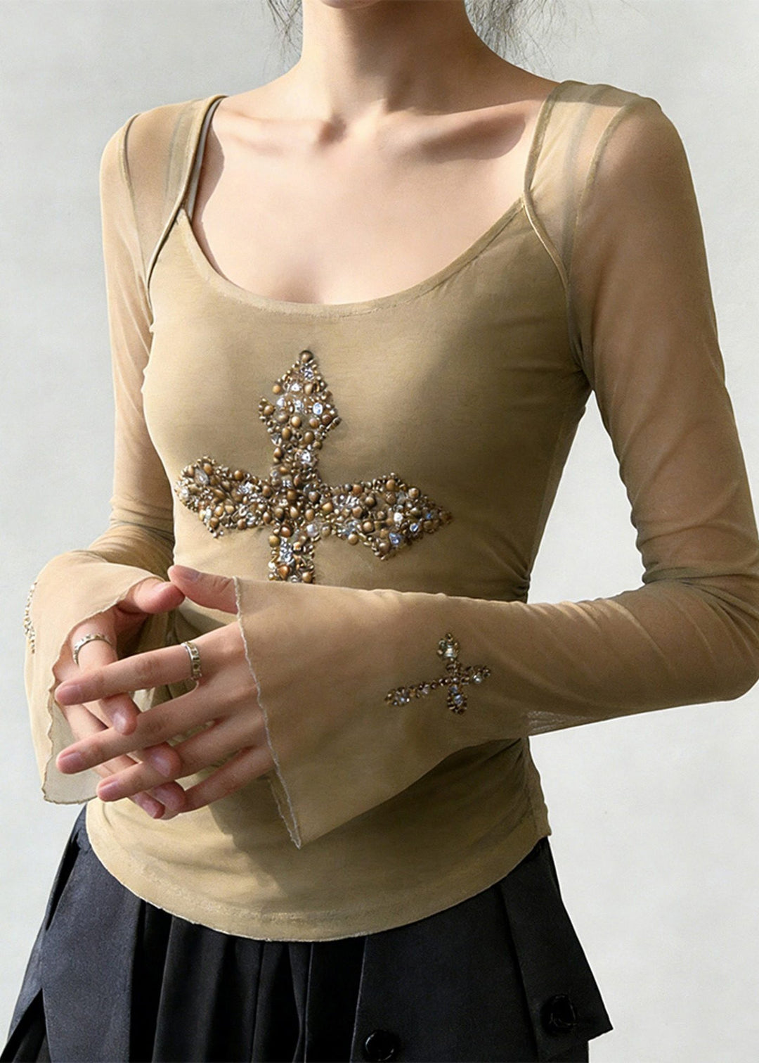 Modern Khaki U Neck Crucifix Cotton Blouses Flare Sleeve