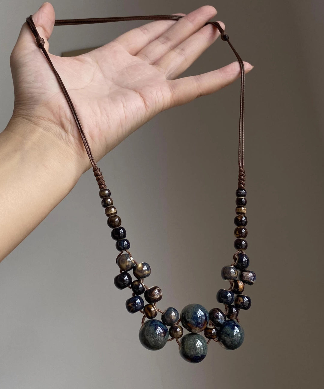 Modern Lake Blue Weave Ceramic Beading Adjustable Pendant Necklace