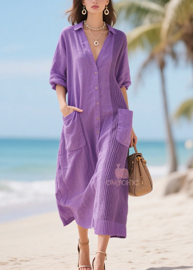 Modern Lavender Oversized Patchwork Pockets Cotton Dress Spring