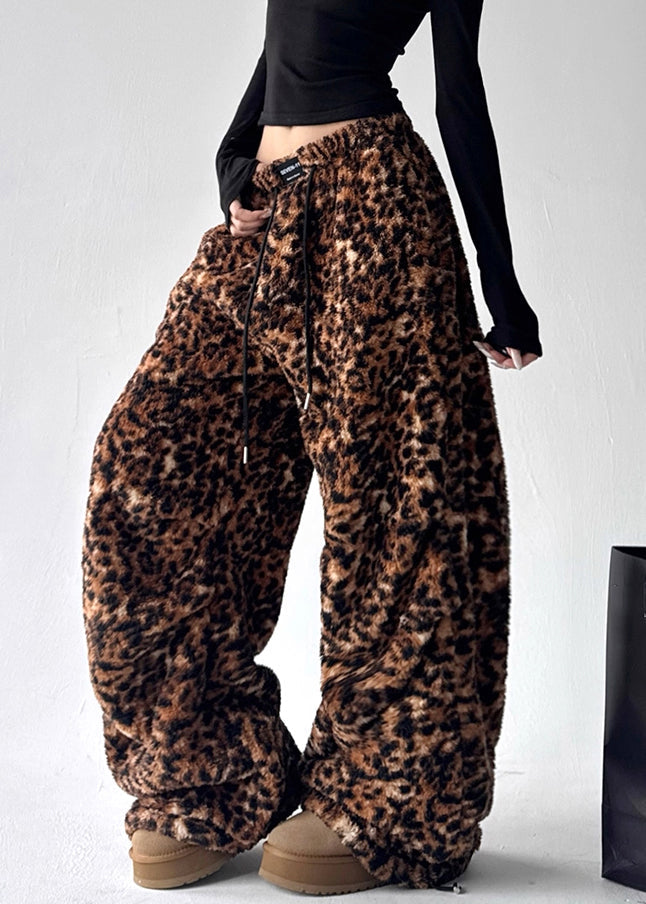 Modern Leopard Drawstring Pockets Elastic Waist Fluffy Pants Winter