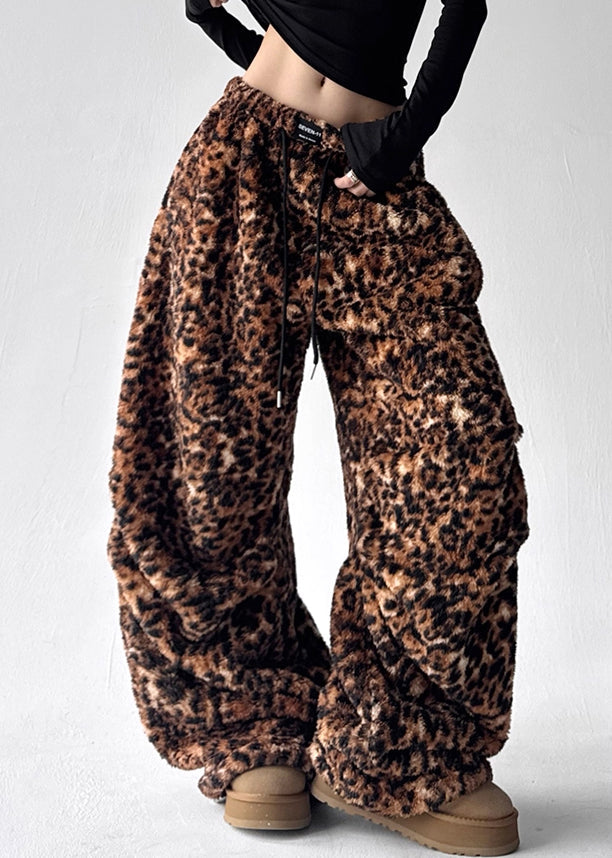 Modern Leopard Drawstring Pockets Elastic Waist Fluffy Pants Winter