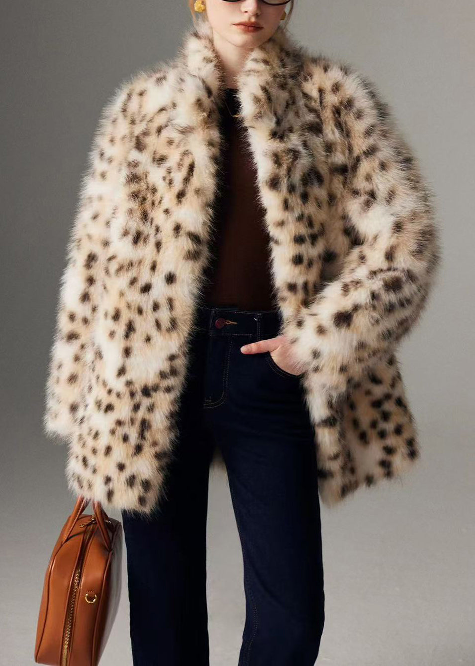 Modern Leopard Print Stand Collar Oversized Faux Fur Coats Winter