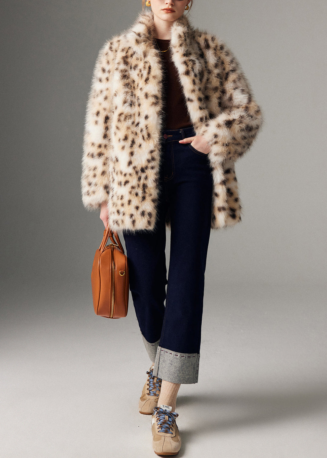 Modern Leopard Print Stand Collar Oversized Faux Fur Coats Winter