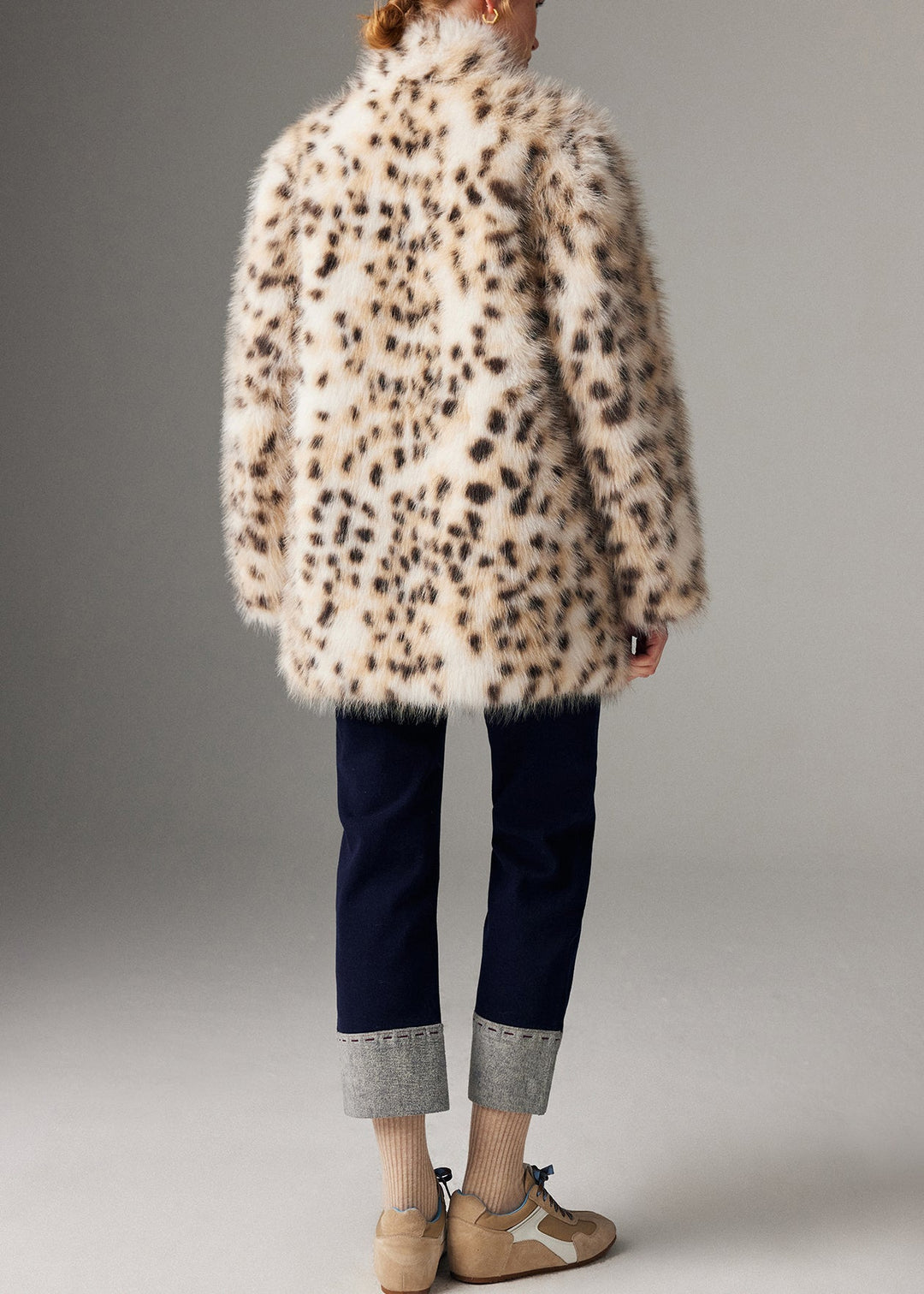 Modern Leopard Print Stand Collar Oversized Faux Fur Coats Winter