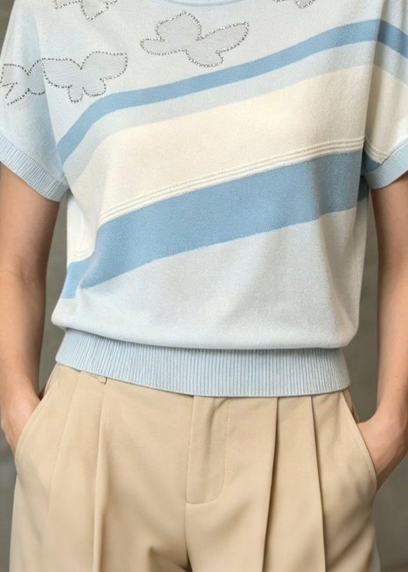 Modern Light Blue O Neck Zircon Thin Knit T Shirt Summer