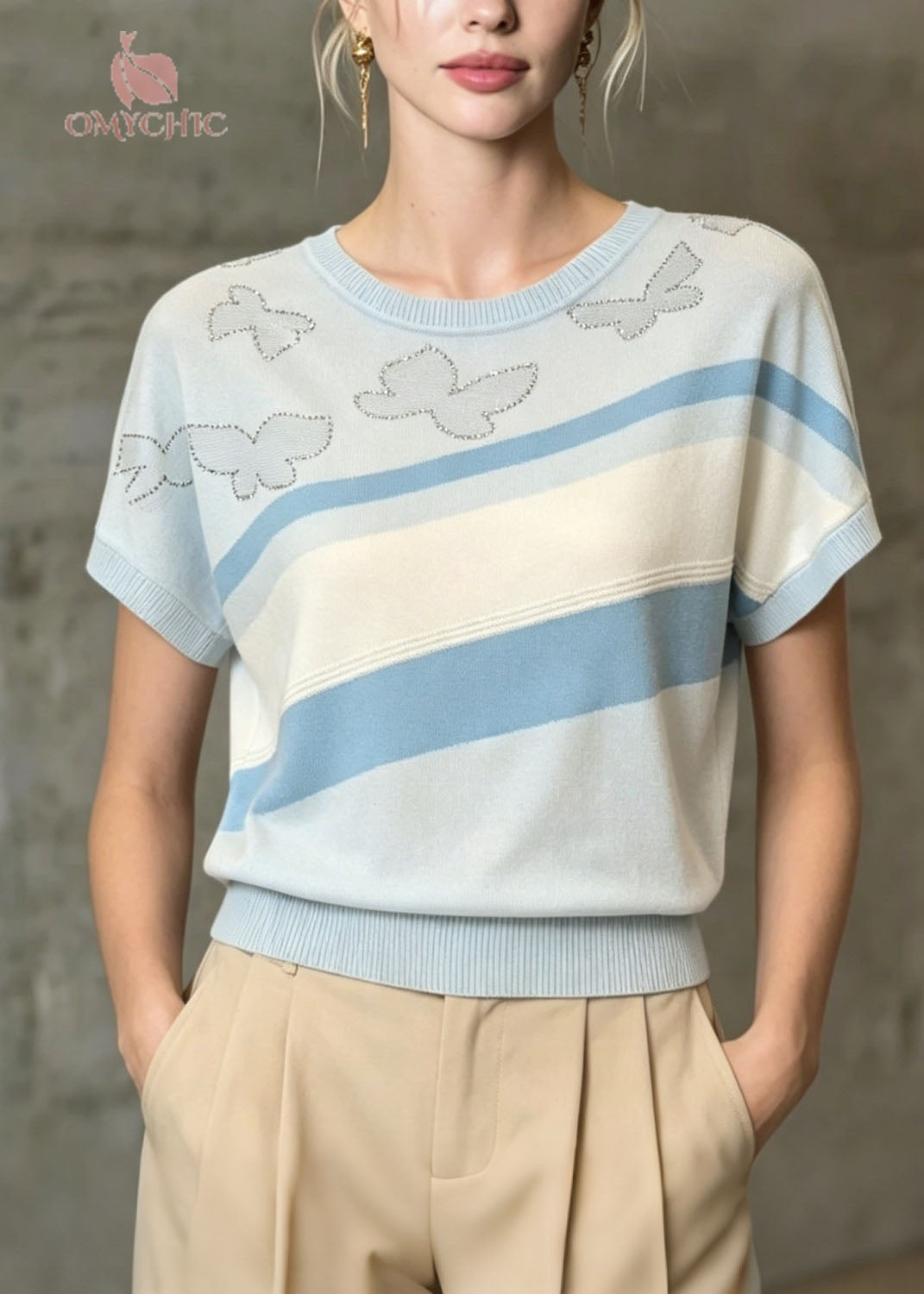 Modern Light Blue O Neck Zircon Thin Knit T Shirt Summer