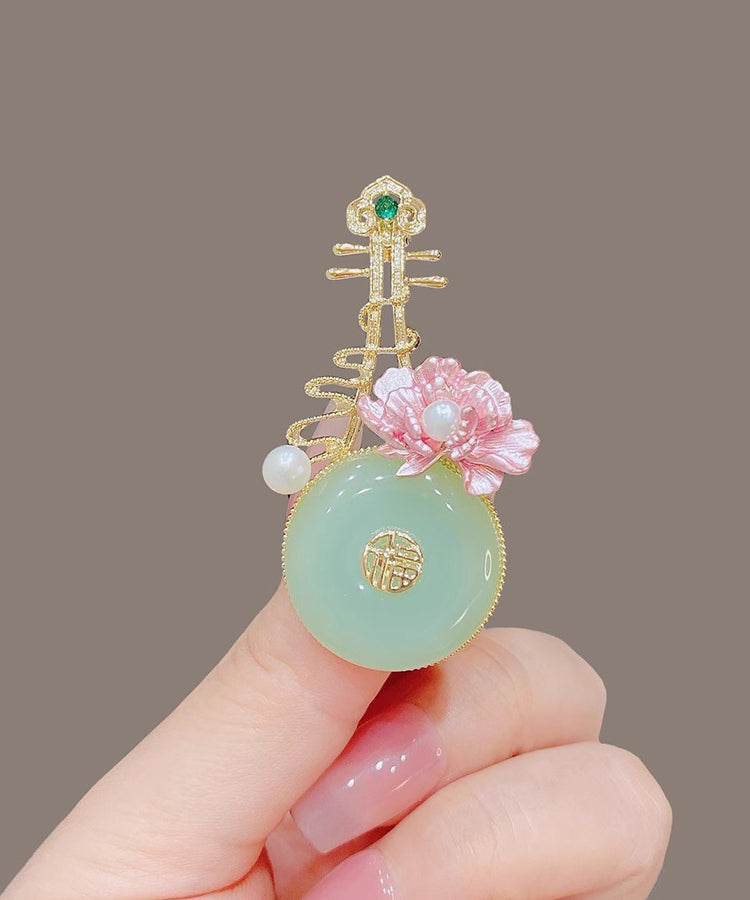 Modern Light Green Alloy Pearl Jade Pipa Brooches