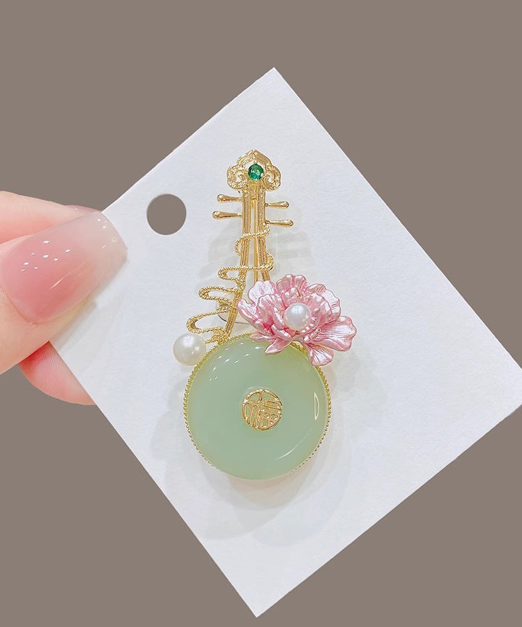 Modern Light Green Alloy Pearl Jade Pipa Brooches