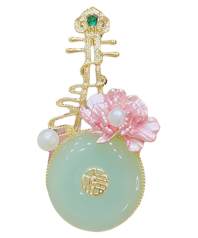 Modern Light Green Alloy Pearl Jade Pipa Brooches