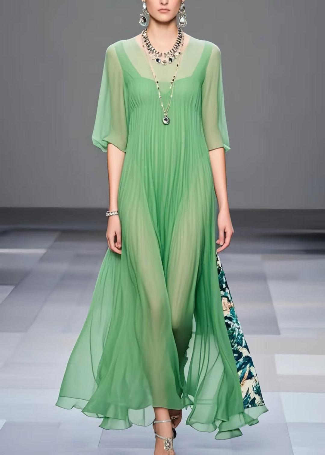 Modern Light Green Oversized Patchwork Chiffon Vacation Dresses Half Sleeve