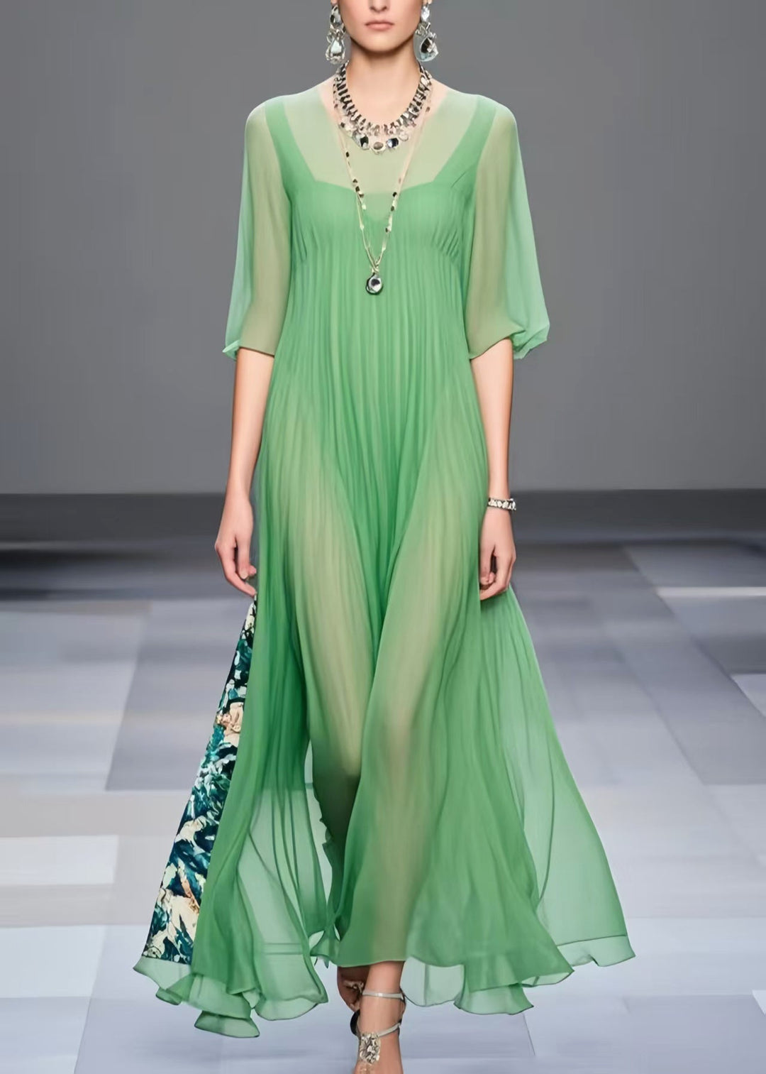 Modern Light Green Oversized Patchwork Chiffon Vacation Dresses Half Sleeve