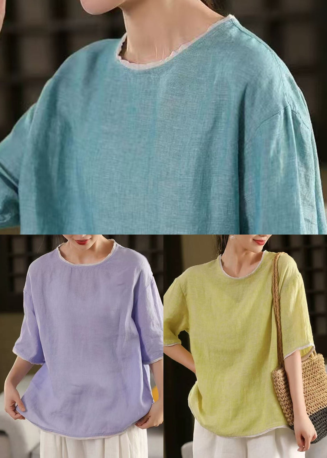 Modern Light Green Oversized Patchwork Linen Tanks Summer