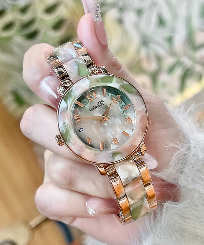 Modern Light Green Stainless Steel Quartz Movement Tempere Glass Ceramic Watches