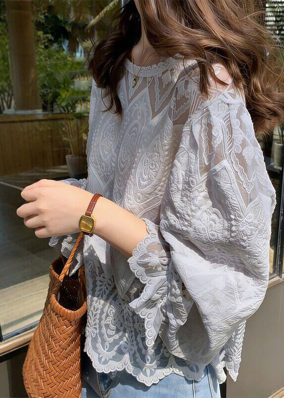 Modern Light Grey Embroidered Lace Blouse Tops Summer
