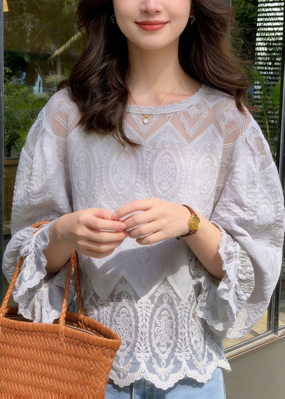 Modern Light Grey Embroidered Lace Blouse Tops Summer