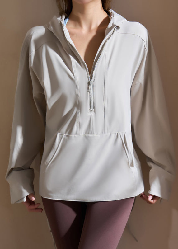Modern Light Grey Pockets Patchwork Hooded Yoga Coats