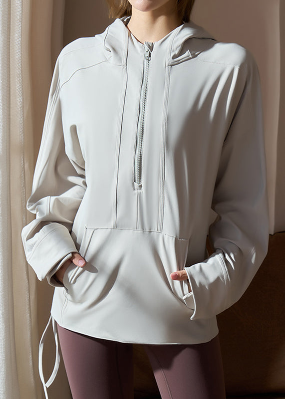 Modern Light Grey Pockets Patchwork Hooded Yoga Coats