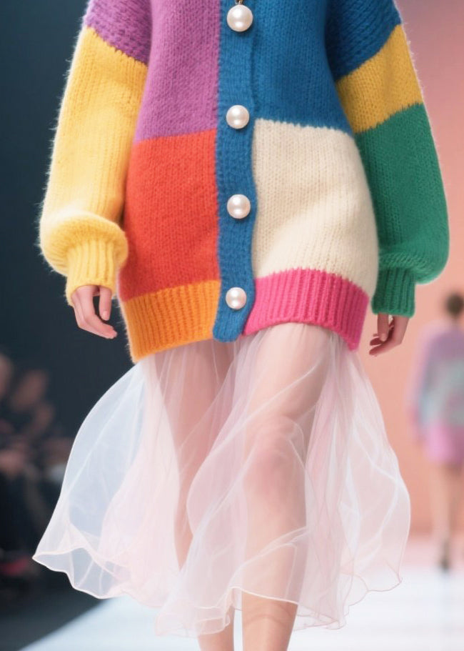 Modern Mixed Color Pearl Patchwork Tulle Sweater Dress Winter