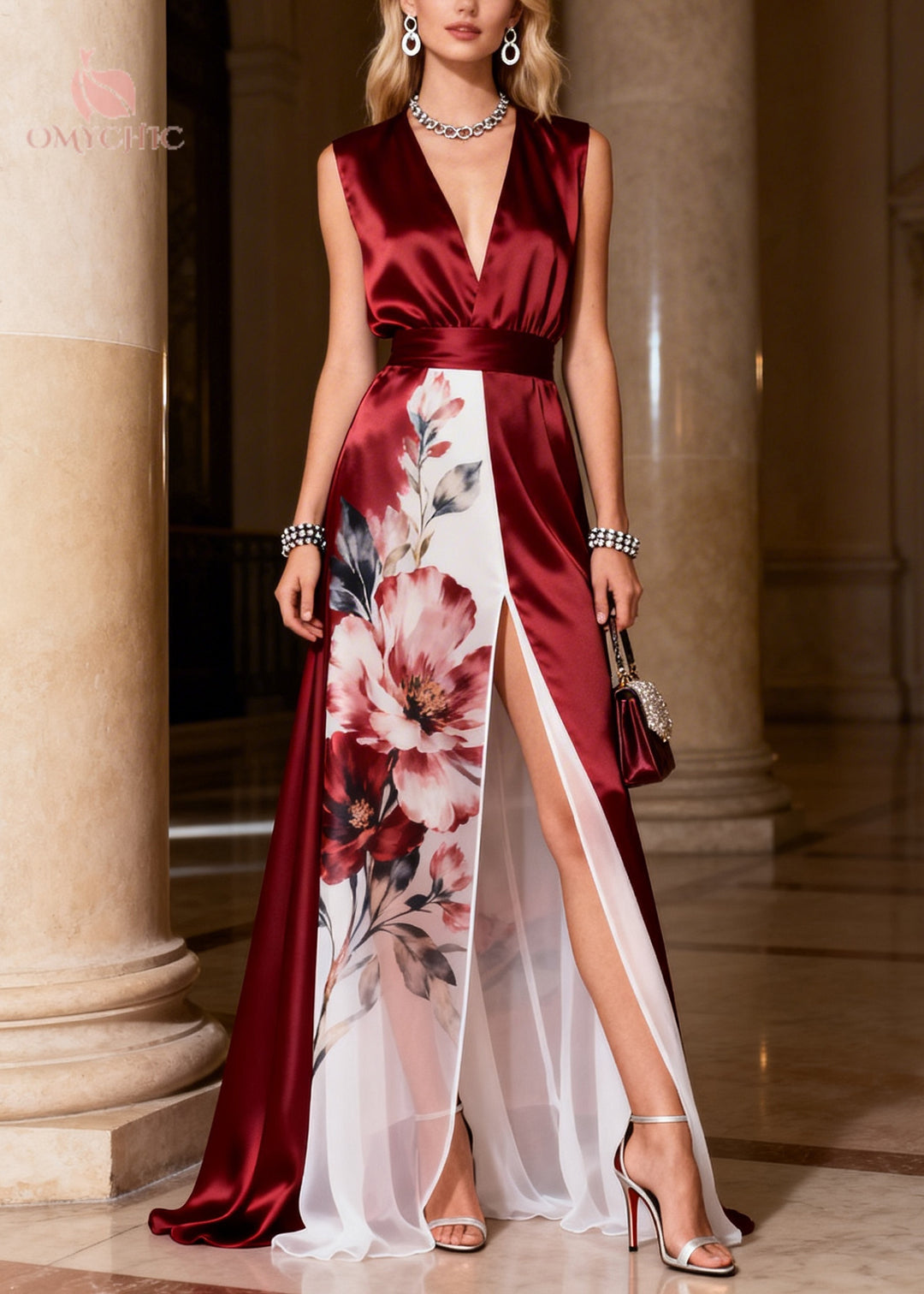 Modern Mulberry V Neck Patchwork Side Open Silk Party Dress Sleeveless