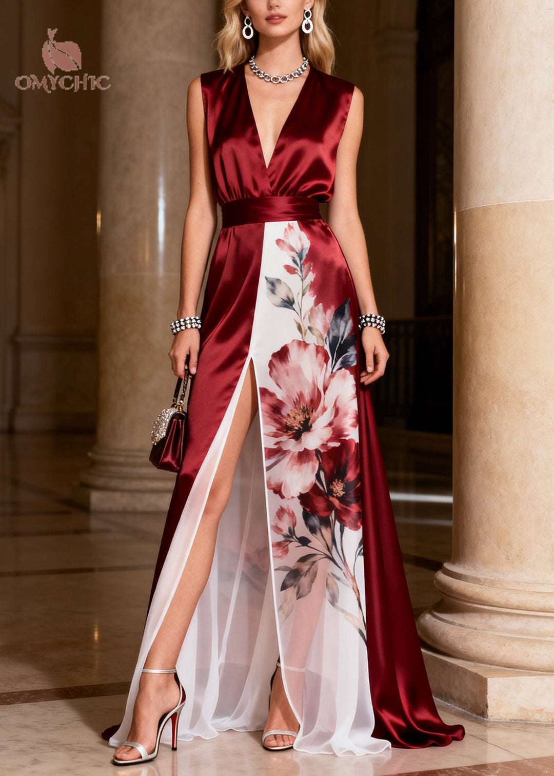 Modern Mulberry V Neck Patchwork Side Open Silk Party Dress Sleeveless
