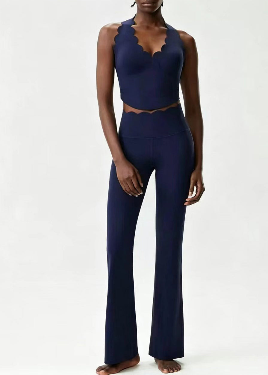 Modern Navy Halter Top And Flare Leggings Athletic Yoga Set Outfit