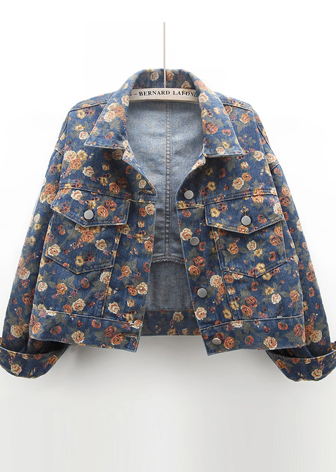 Modern Navy Oversized Print Denim Coats Fall