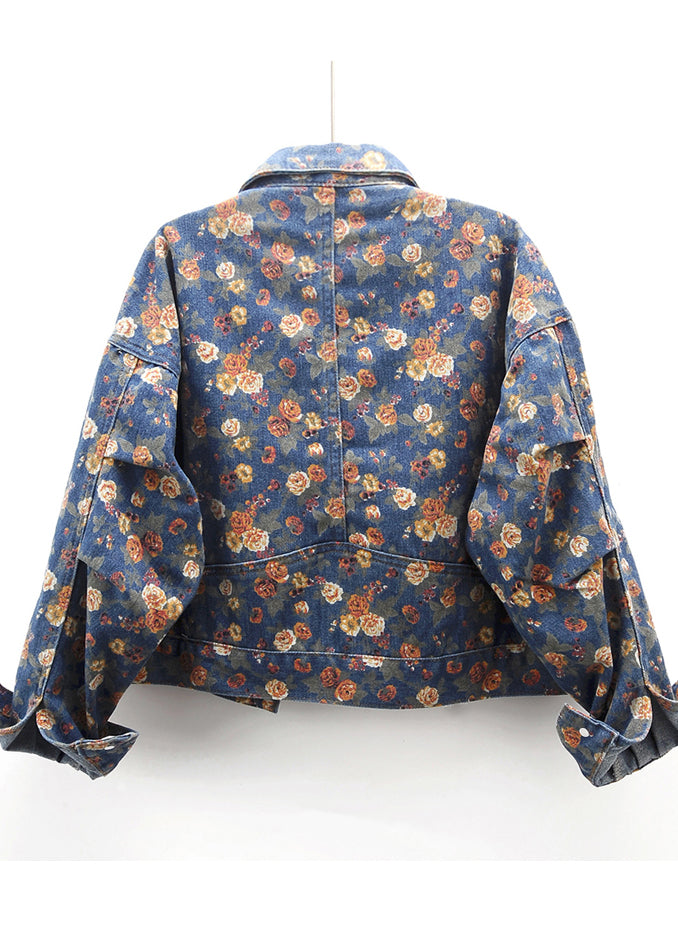Modern Navy Oversized Print Denim Coats Fall