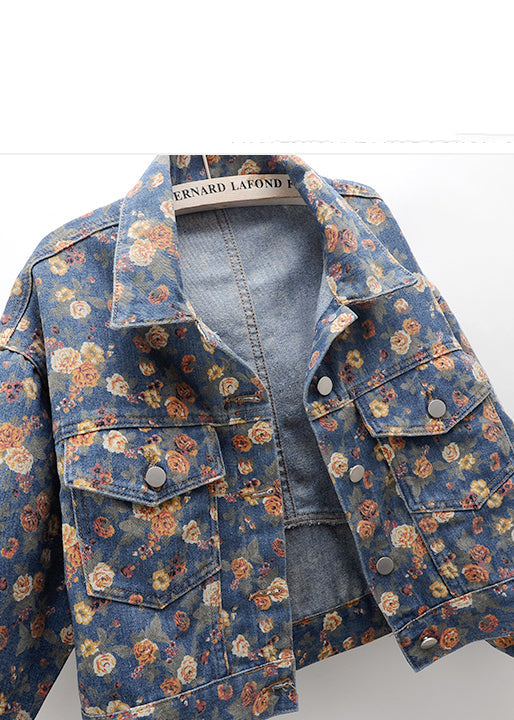 Modern Navy Oversized Print Denim Coats Fall