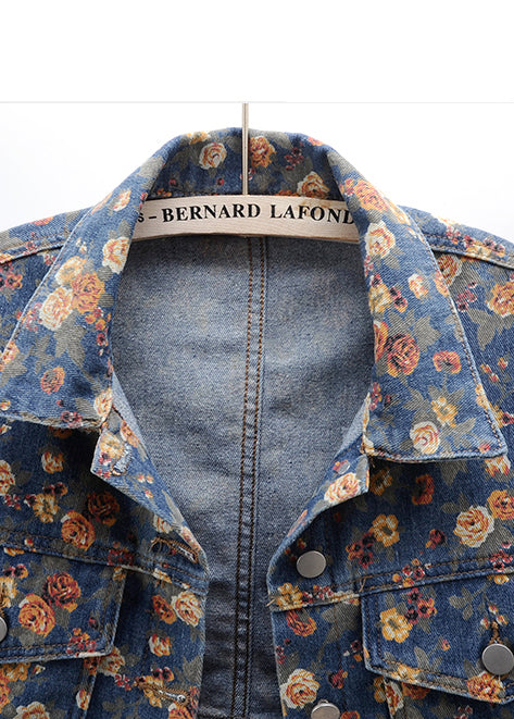 Modern Navy Oversized Print Denim Coats Fall