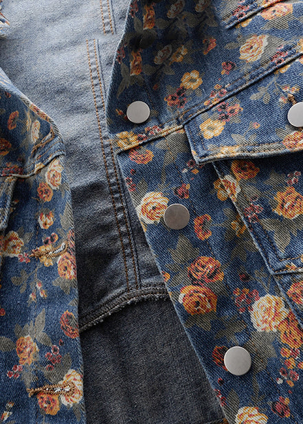 Modern Navy Oversized Print Denim Coats Fall