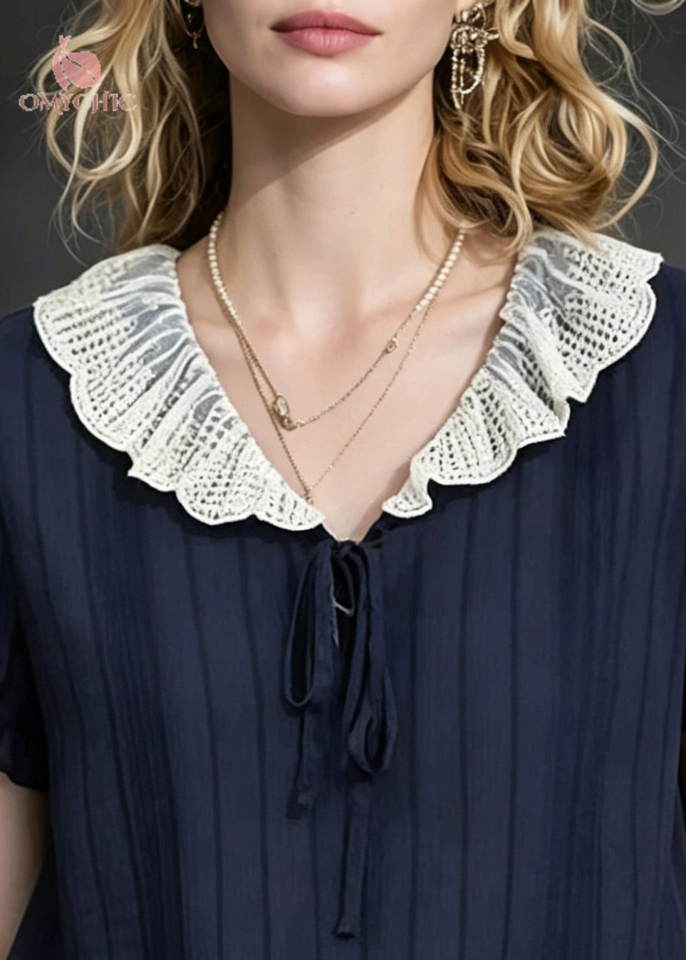 Modern Navy Peter Pan Collar Striped Chiffon Shirts Summer