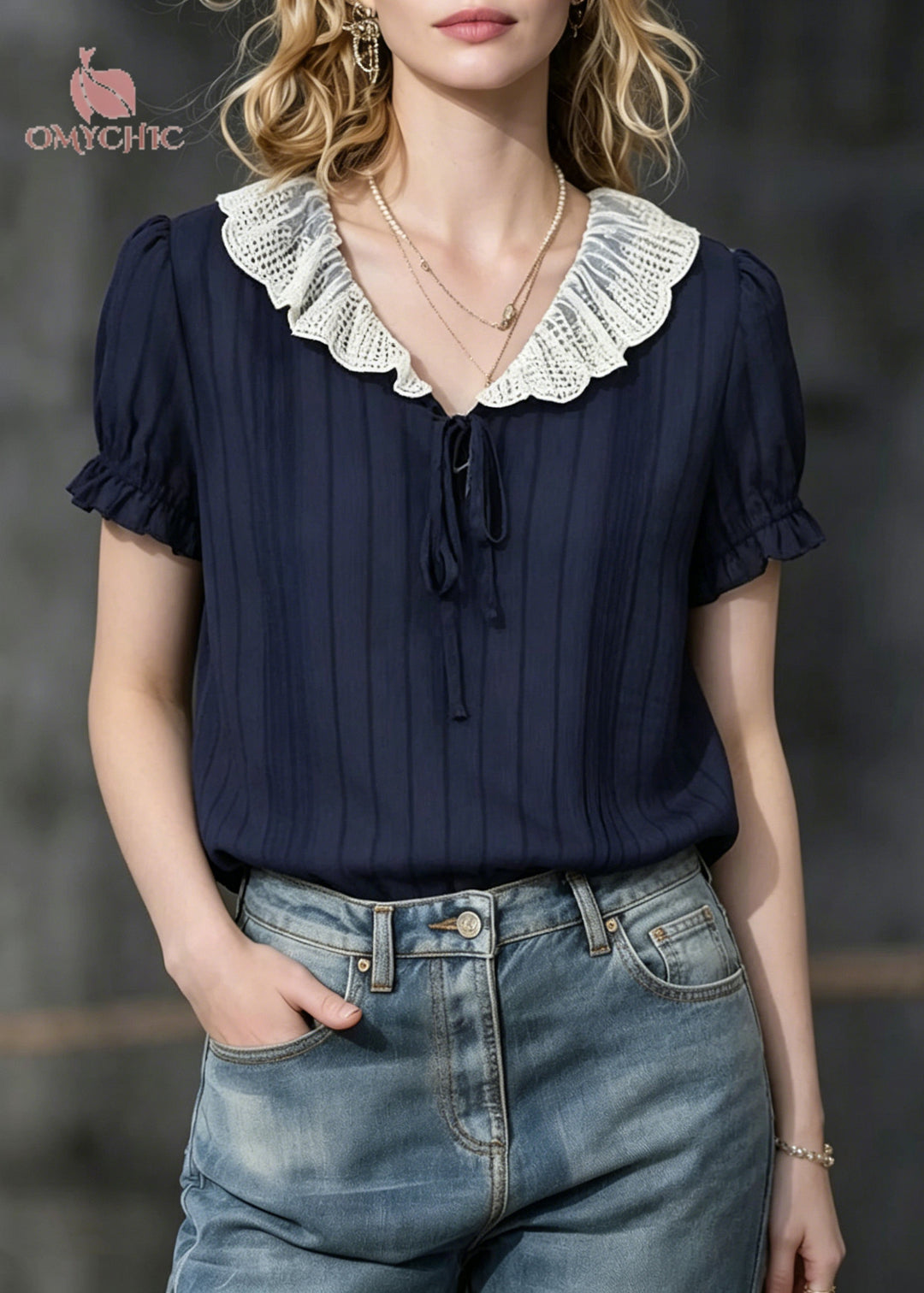 Modern Navy Peter Pan Collar Striped Chiffon Shirts Summer