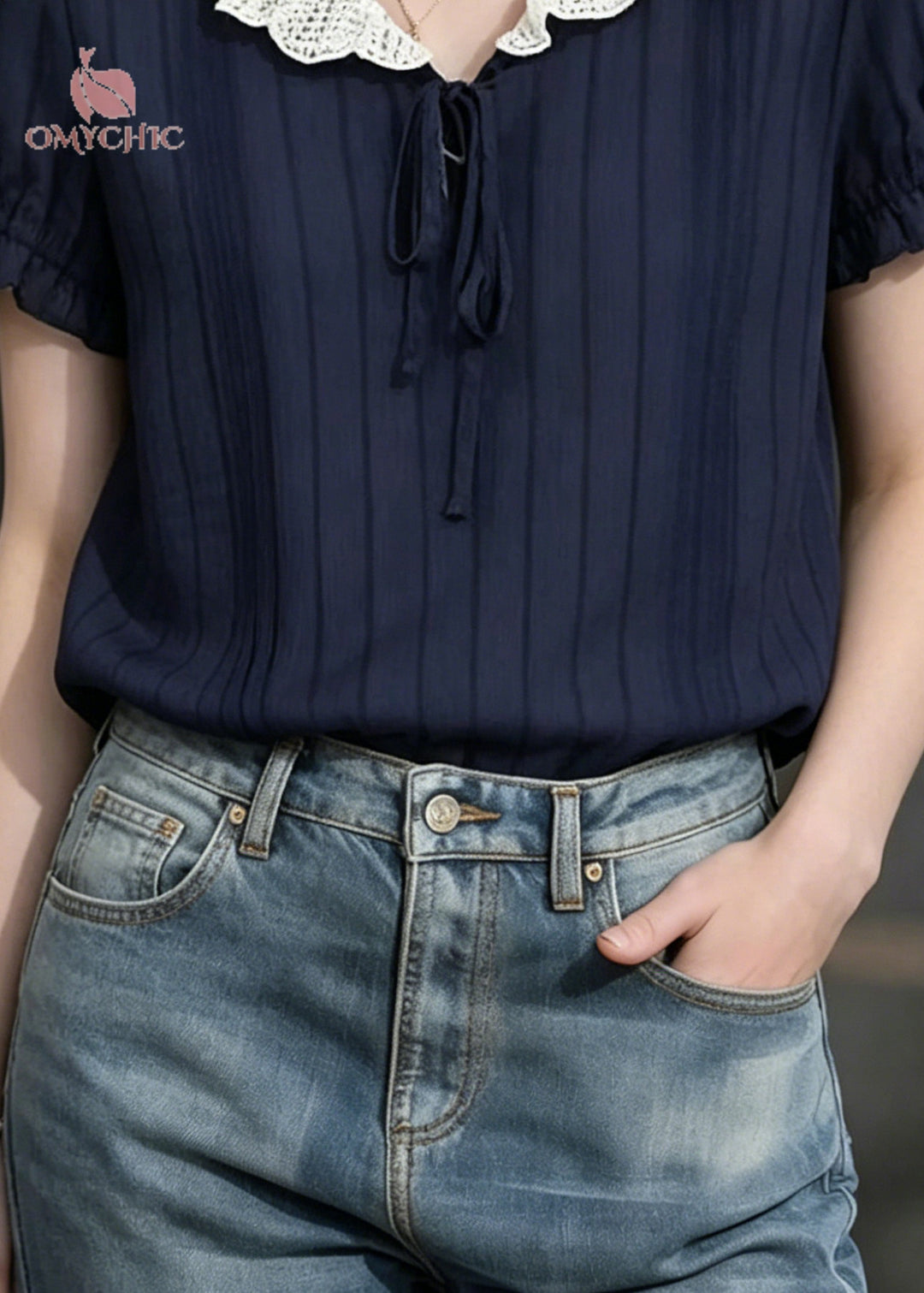 Modern Navy Peter Pan Collar Striped Chiffon Shirts Summer