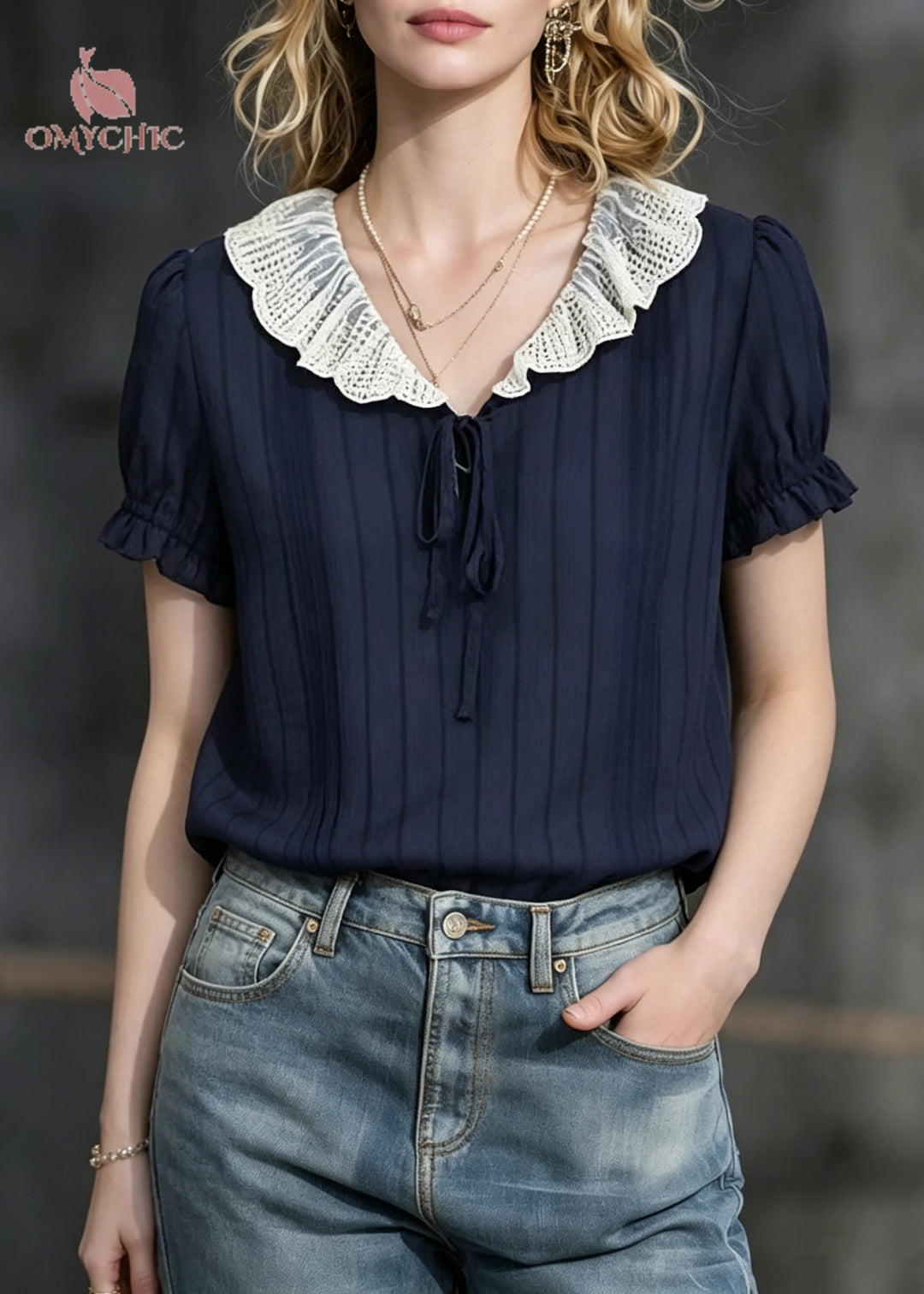 Modern Navy Peter Pan Collar Striped Chiffon Shirts Summer
