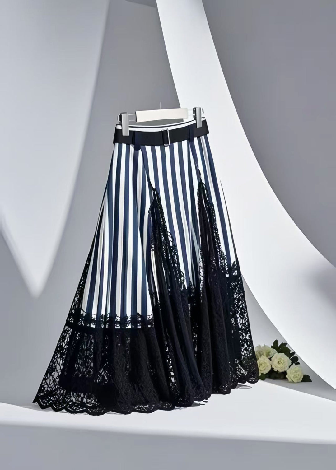 Modern Navy Striped Patchwork Lace Skirt Summer