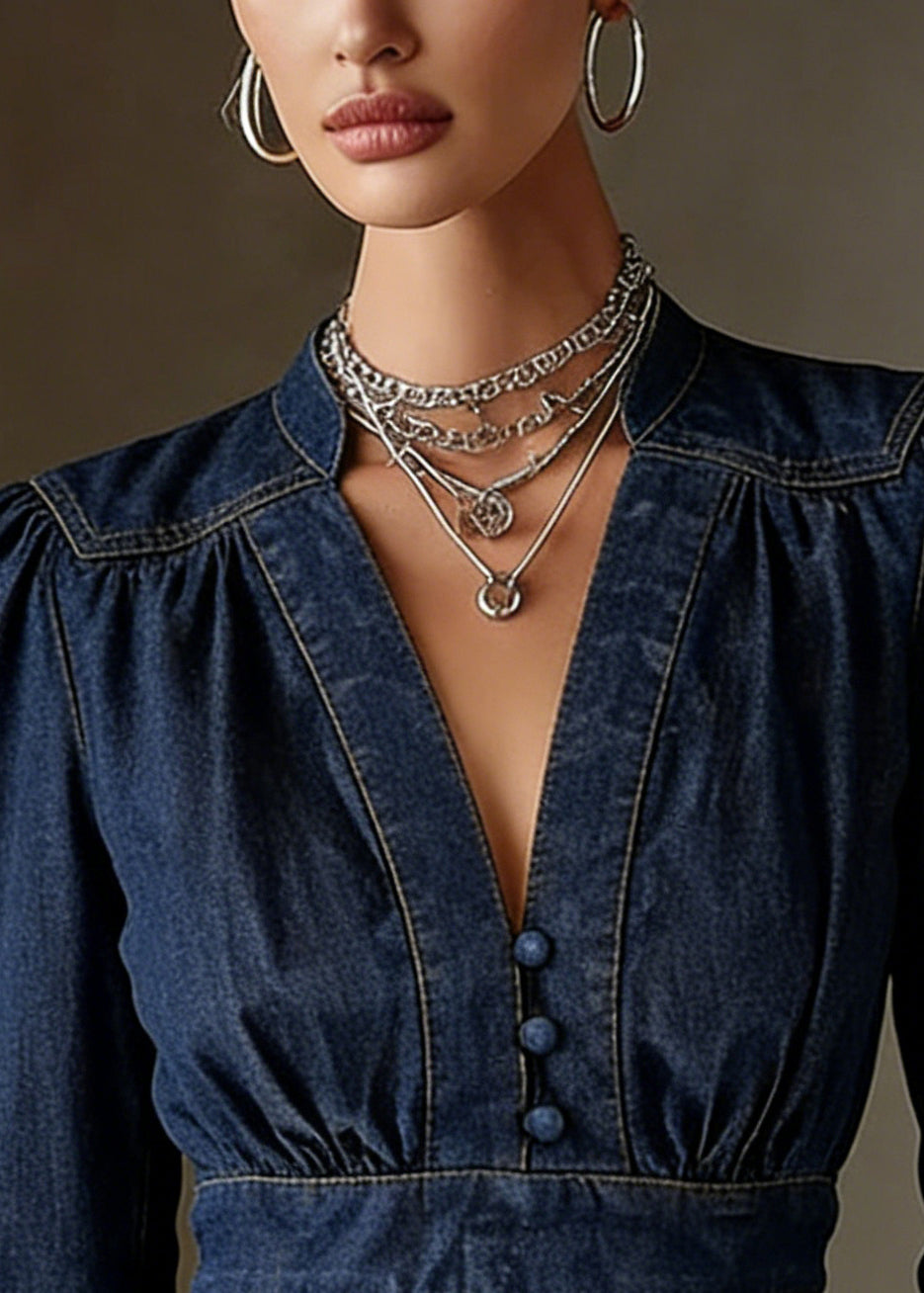 Modern Navy V Neck Silm Fit Denim Shirt Top Spring