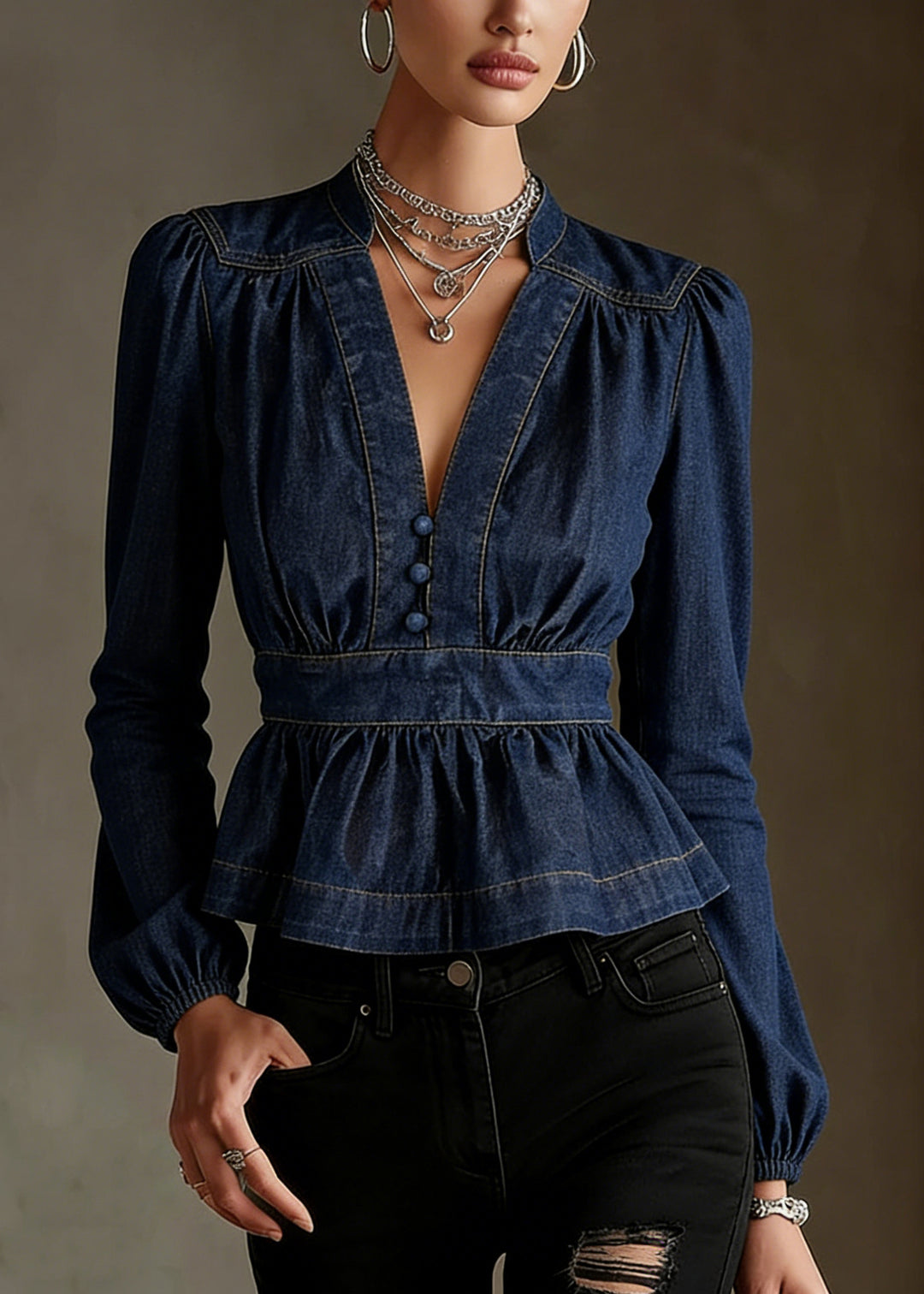 Modern Navy V Neck Silm Fit Denim Shirt Top Spring