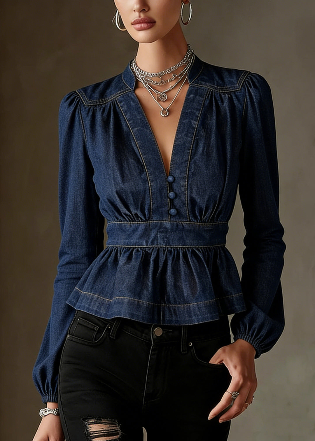 Modern Navy V Neck Silm Fit Denim Shirt Top Spring